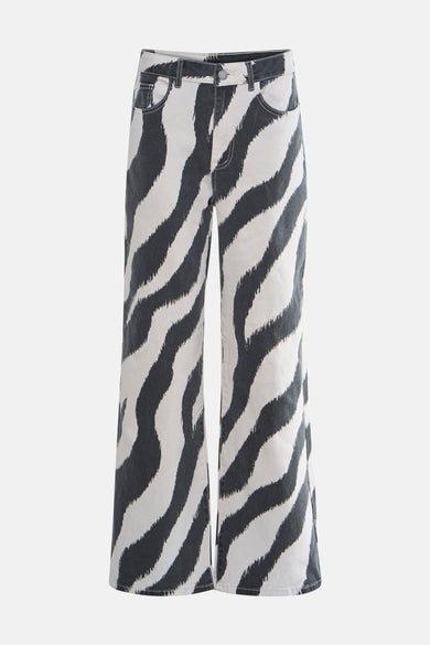 Pantalon noir de VILA avec un motif imprimé zèbre,, poche visible et une fermeture à glissière.