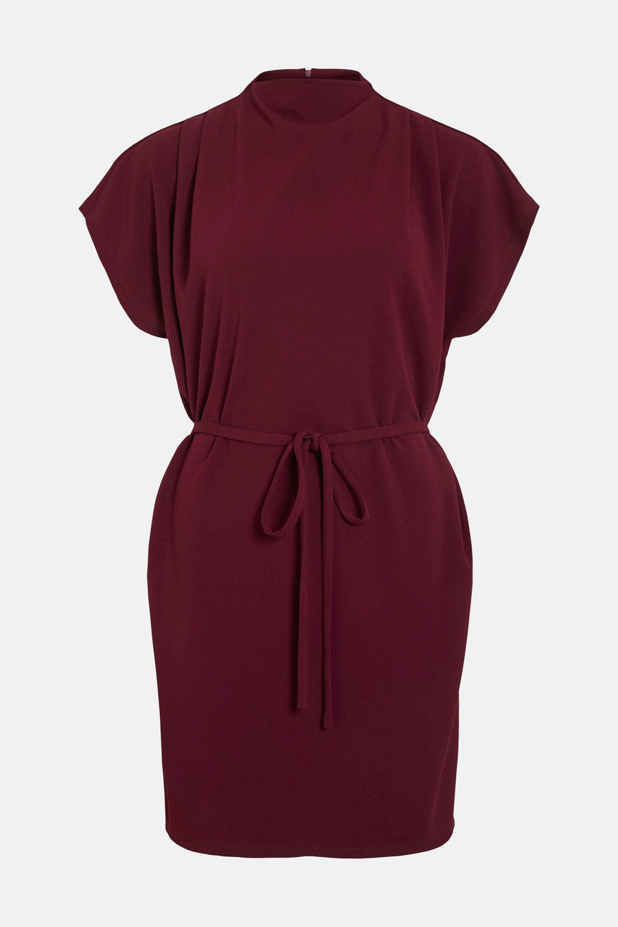 Bordeaux kleedje met korte mouwen van Vila, met ceintuur om de taille.