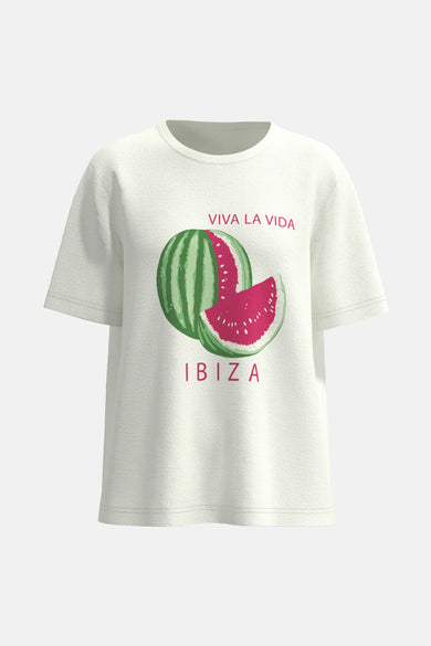 T-shirt blanc à manches courtes de VILA®, avec un imprimé d'eaumelon et le texte "Viva La Vida" et "Ibiza".