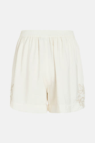 Witte short van VILA®, met elastische tailleband en bloemenborduurwerk aan de zijkant.