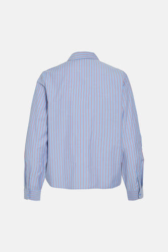 Chemise bleue à rayures à manches longues de Vila, avec des rayures verticales rouges et un col.