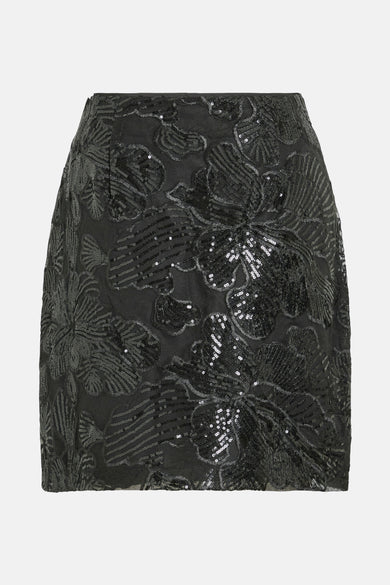 Jupe courte noire de VILA, avec un motif floral en paillettes brillantes.