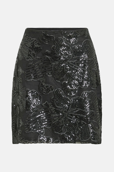 Jupe noire courte de VILA, avec des paillettes scintillantes dans un motif floral.