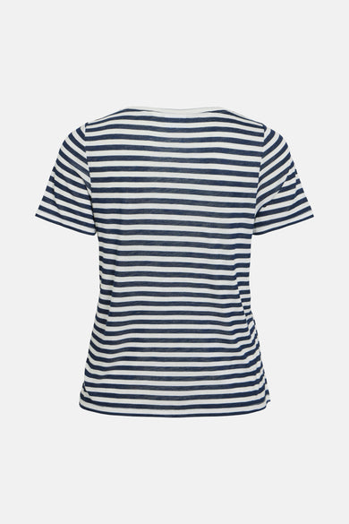 T-shirt blanc à manches courtes de VILA®, avec un motif rayé en bleu et blanc, vu de dos.