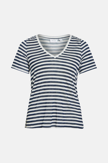 T-shirt rayé blanc avec manches courtes de VILA, avec un col en V et un motif tricoté fin.