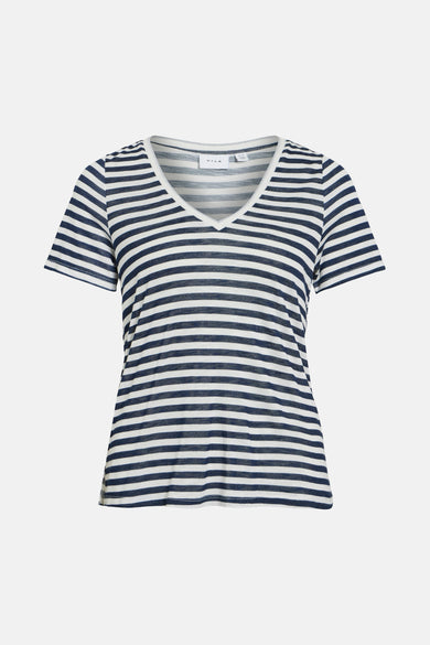 T-shirt rayé blanc avec manches courtes de VILA, avec un col en V et un motif tricoté fin.
