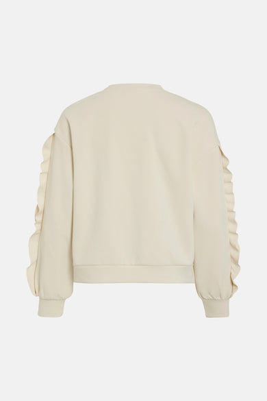 Gilet beige de VILA avec des plis sur les manches, vu par derrière.