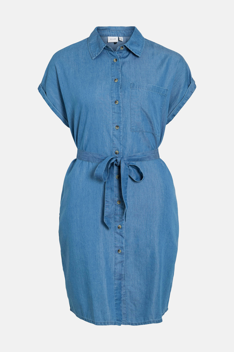 Robe en jean à manches courtes de VILA®, avec une ceinture et une fermeture à boutons.