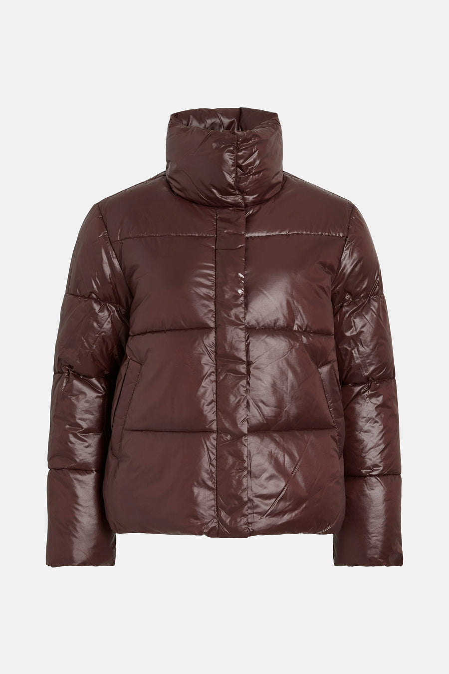 Bruine pufferjas met hoge kraag.