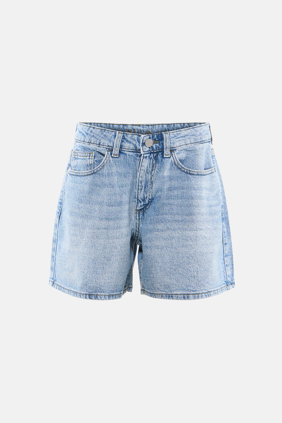 Short en jean bleu clair de VILA® avec fermeture à boutons et poches, présenté de face.