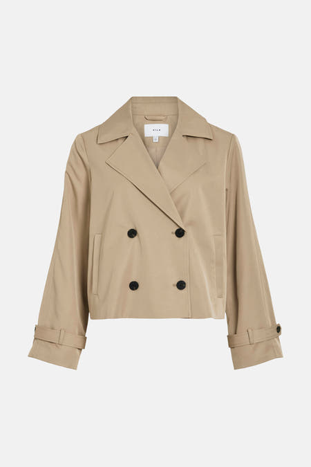 Beige korte jas van VILA met dubbele knopenrij en lange mouwen met riemdetail.