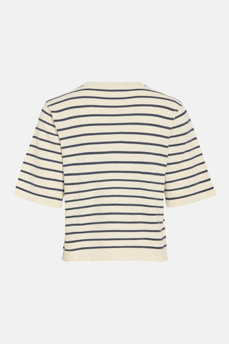 T-shirt beige à manches courtes de VILA, avec des rayures horizontales bleu foncé.