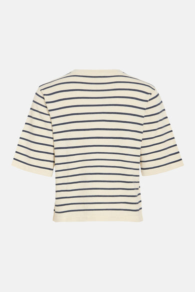 Beige T-shirt met korte mouwen van VILA®, met een gestreept patroon in donkerblauw.