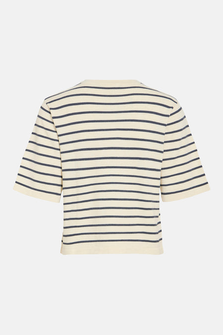 T-shirt beige à manches courtes de VILA, avec des rayures horizontales bleu foncé.