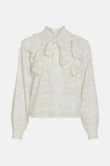 Blouse blanche à longues manches de Vila, avec un motif rayé, un col et des plis.