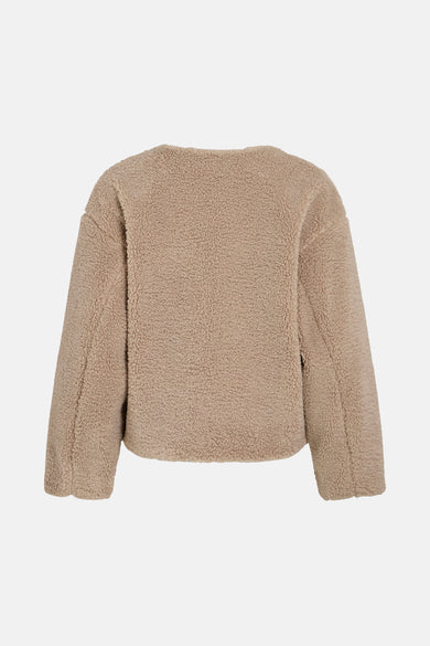 Beige korte jas van VILA® met lange mouwen en een zachte, harige textuur, gezien van achteren.
