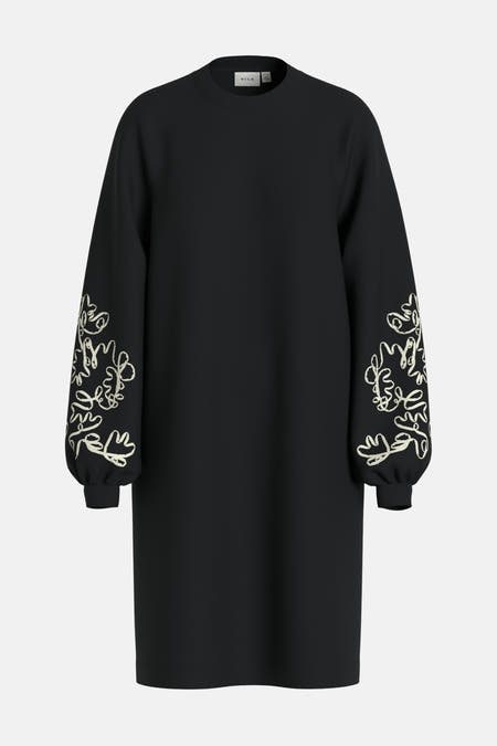Zwarte jurk met lange mouwen van Vila, met geborduurde details op de mouwen.