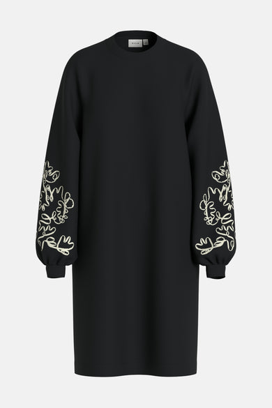 Zwarte jurk met lange mouwen van Vila, met geborduurde details op de mouwen.