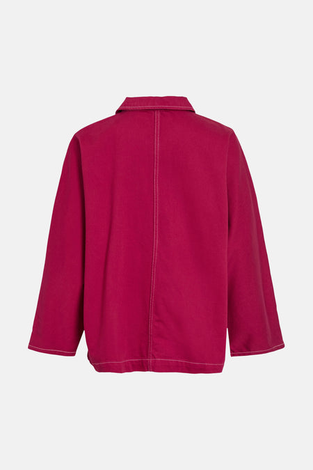 Chemise longue de couleur unie VILA® en tissu tissé robuste, dos visible, avec surpiqûres contrastées blanches.