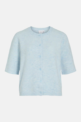 Blauw gilet van VILA, met korte mouwen en knoopsluiting, op een witte achtergrond.
