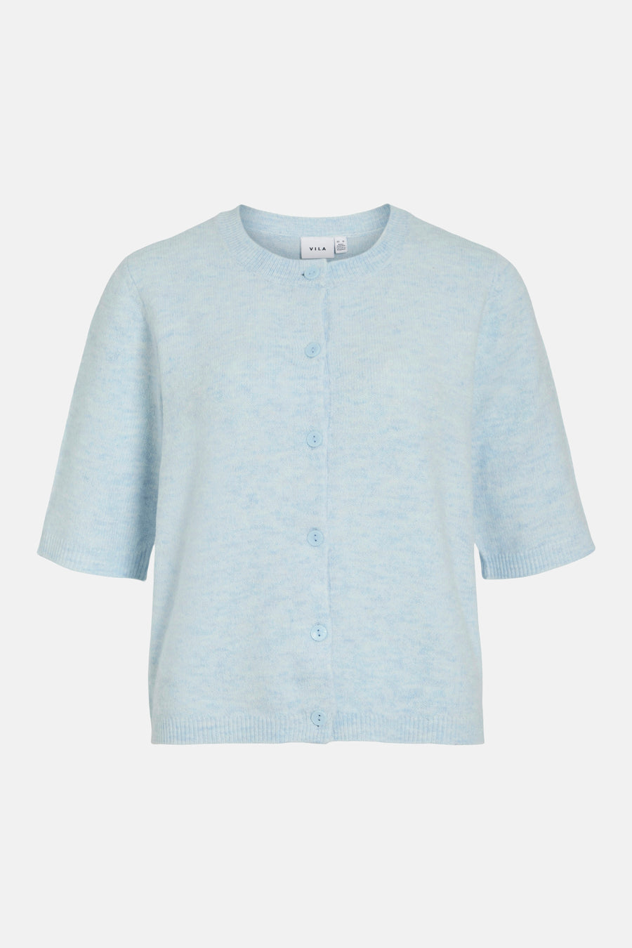 Blauw gilet van VILA, met korte mouwen en knoopsluiting, op een witte achtergrond.
