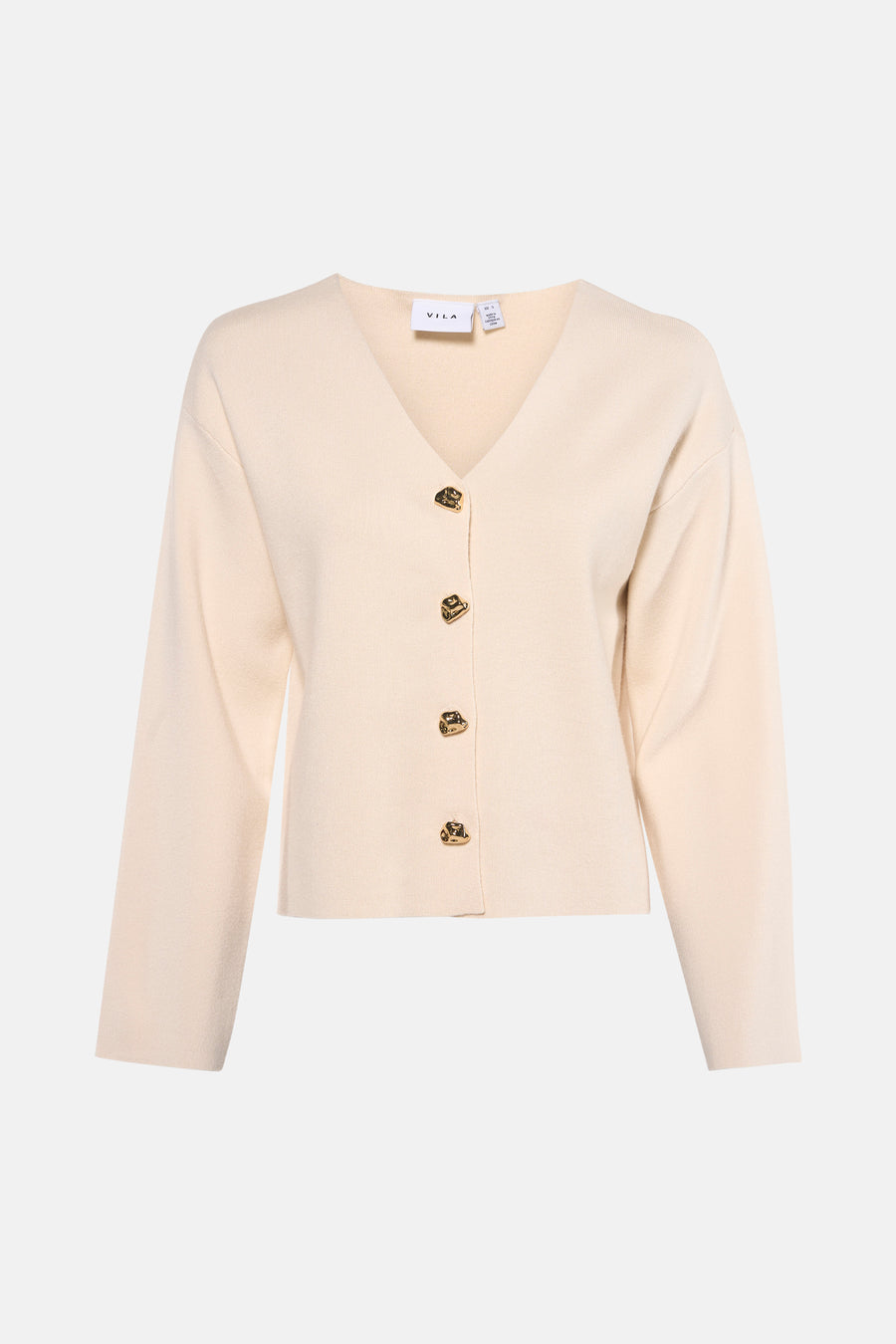 Ecru gilet van VILA, met lange mouwen en gouden knopen.
