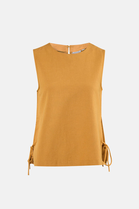 Gele mouwloze blouse van VILA® met ronde hals, knoopsluiting achter en strikdetails aan de zijkanten.