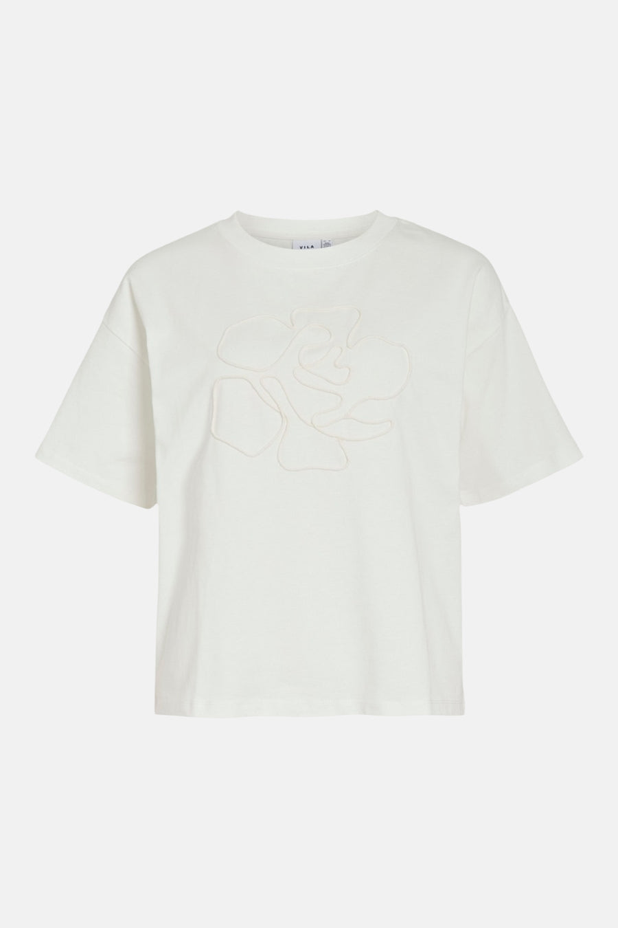 T-shirt blanc à manches courtes de VILA, avec une application subtile en forme de fleur.