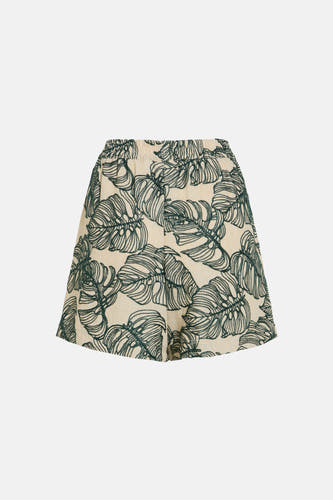 Short van VILA® met donkergroene bladprint op een crèmekleurige achtergrond en elastische taille.