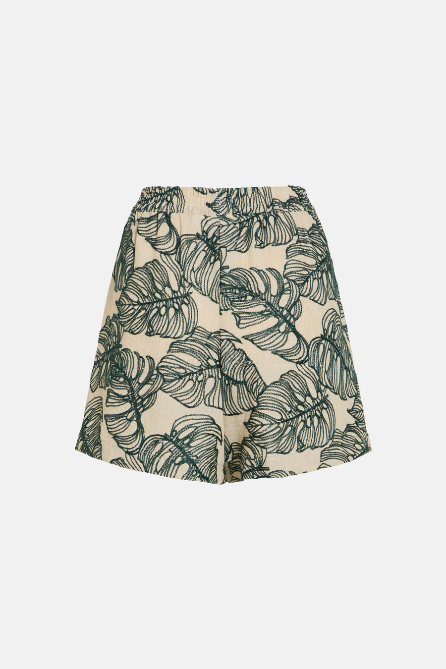 Short van VILA® met donkergroene bladprint op een crèmekleurige achtergrond en elastische taille.