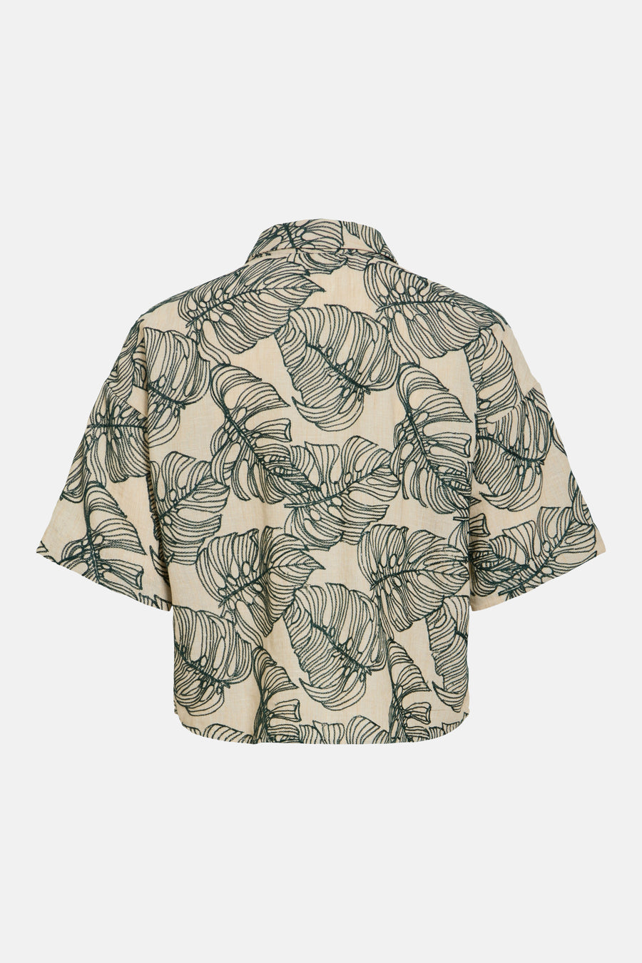 Groen kort mouwen hemd van VILA® met beige basis en geborduurde tropische bladeren, rugzicht.