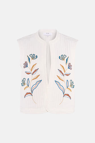 Witte gilet van VILA® met kleurrijke bloemen borduurwerk en gestreept textuur, front view