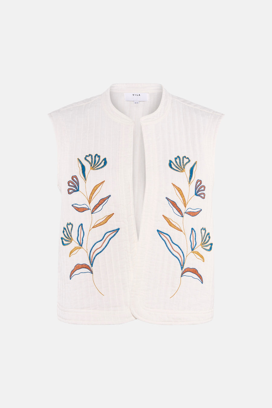 Witte gilet van VILA® met kleurrijke bloemen borduurwerk en gestreept textuur, front view