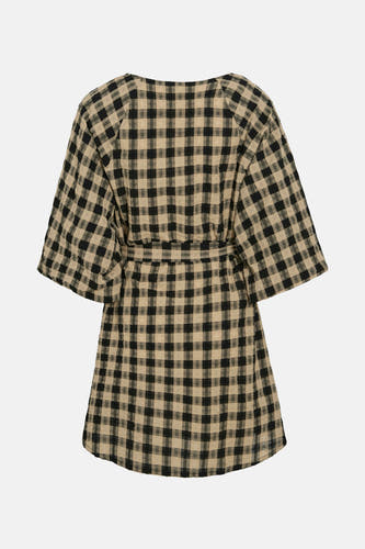Zwarte jurk met lange mouwen van VILA®, met een ruitpatroon en een ceintuur in de taille, rugaanzicht.
