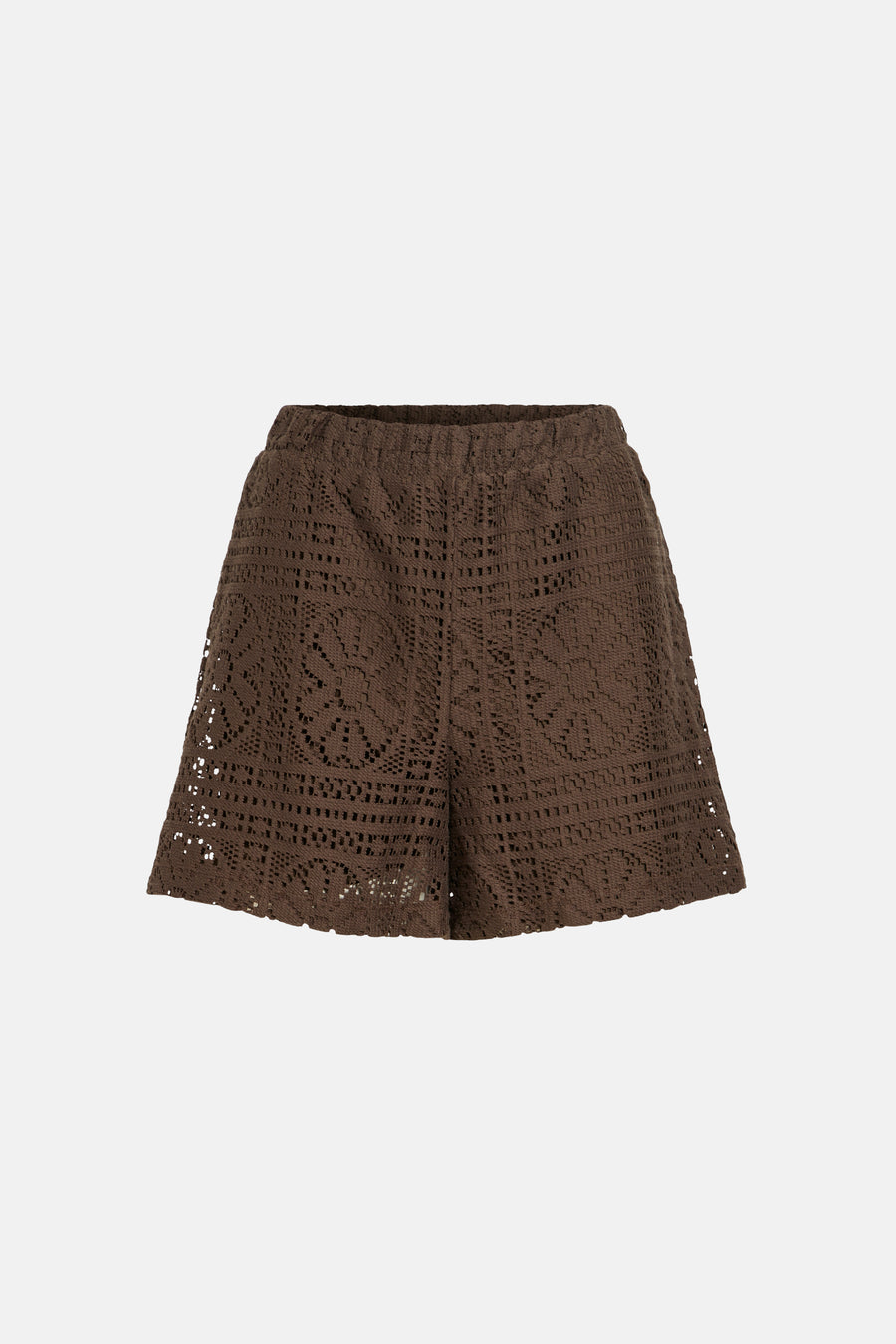 Bruine short van VILA® met openwerk gehaakt patroon en elastische tailleband, plat liggend.