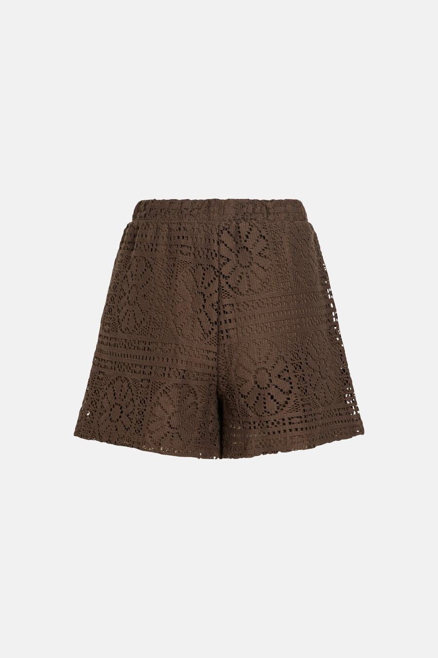 Bruine short van VILA® met een gedetailleerd opengewerkt patroon, plat gefotografeerd.