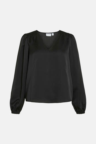 Blouse noire à manches longues de VILA, avec un col en V et des épaules pliées.