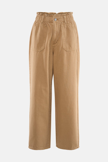 Bruine broek van VILA® met elastische hoge taille, opgestikte zakken aan de voorkant en wijde pijpen.