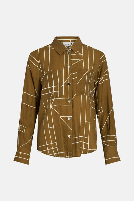Chemise brune à longues manches de VILA, avec un motif abstrait en lignes blanches et des boutons argentés.