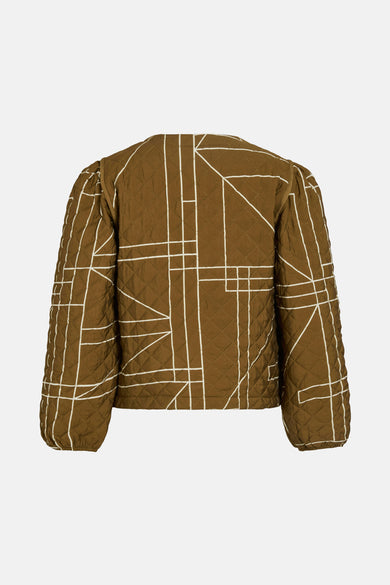 Manteau d'or de VILA® avec un motif géométrique et des détails brodés, vu de l'arrière.