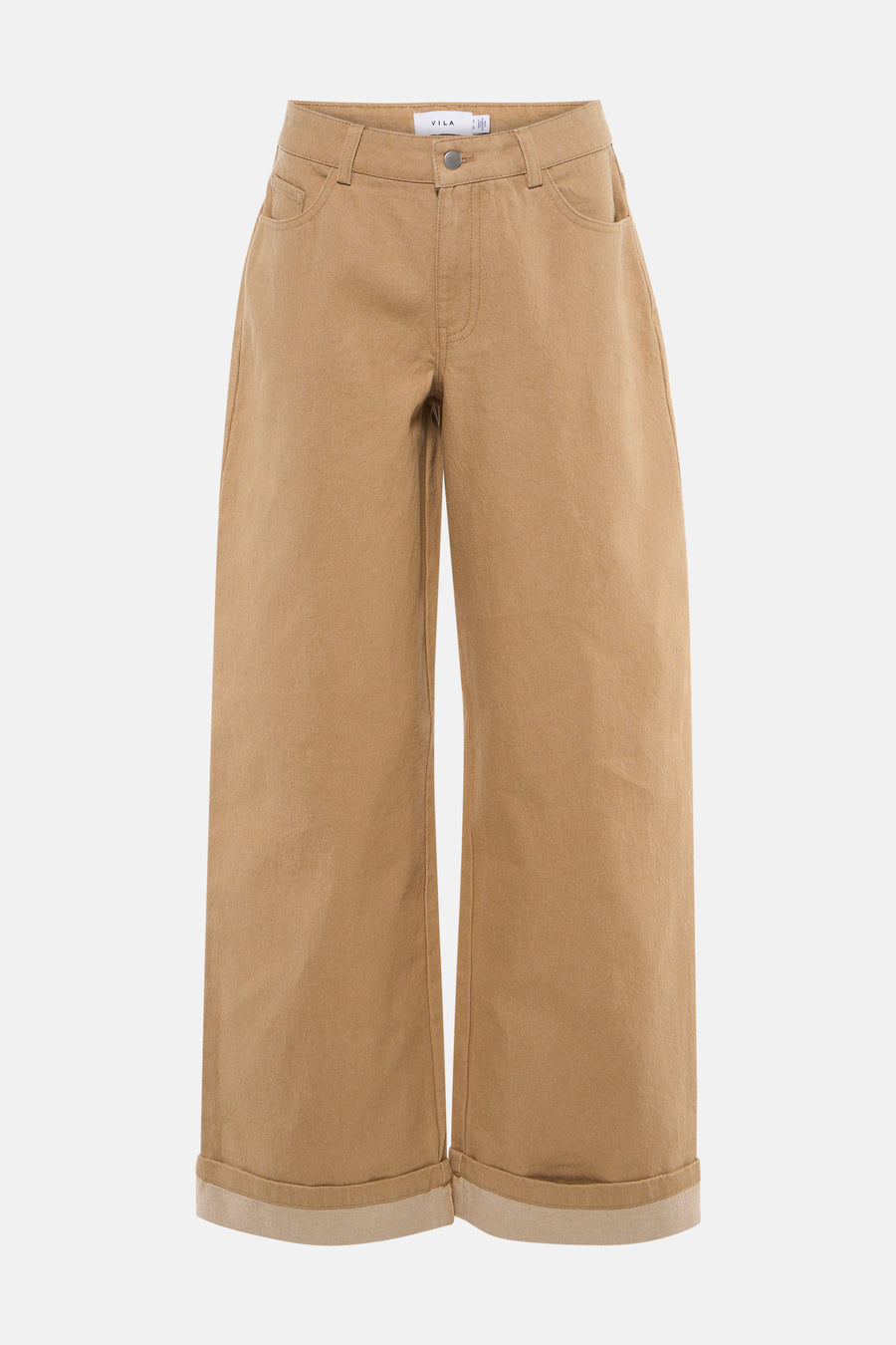 Beige gekleurde jeans van VILA met wijde pijpen en omgeslagen broekspijpen.
