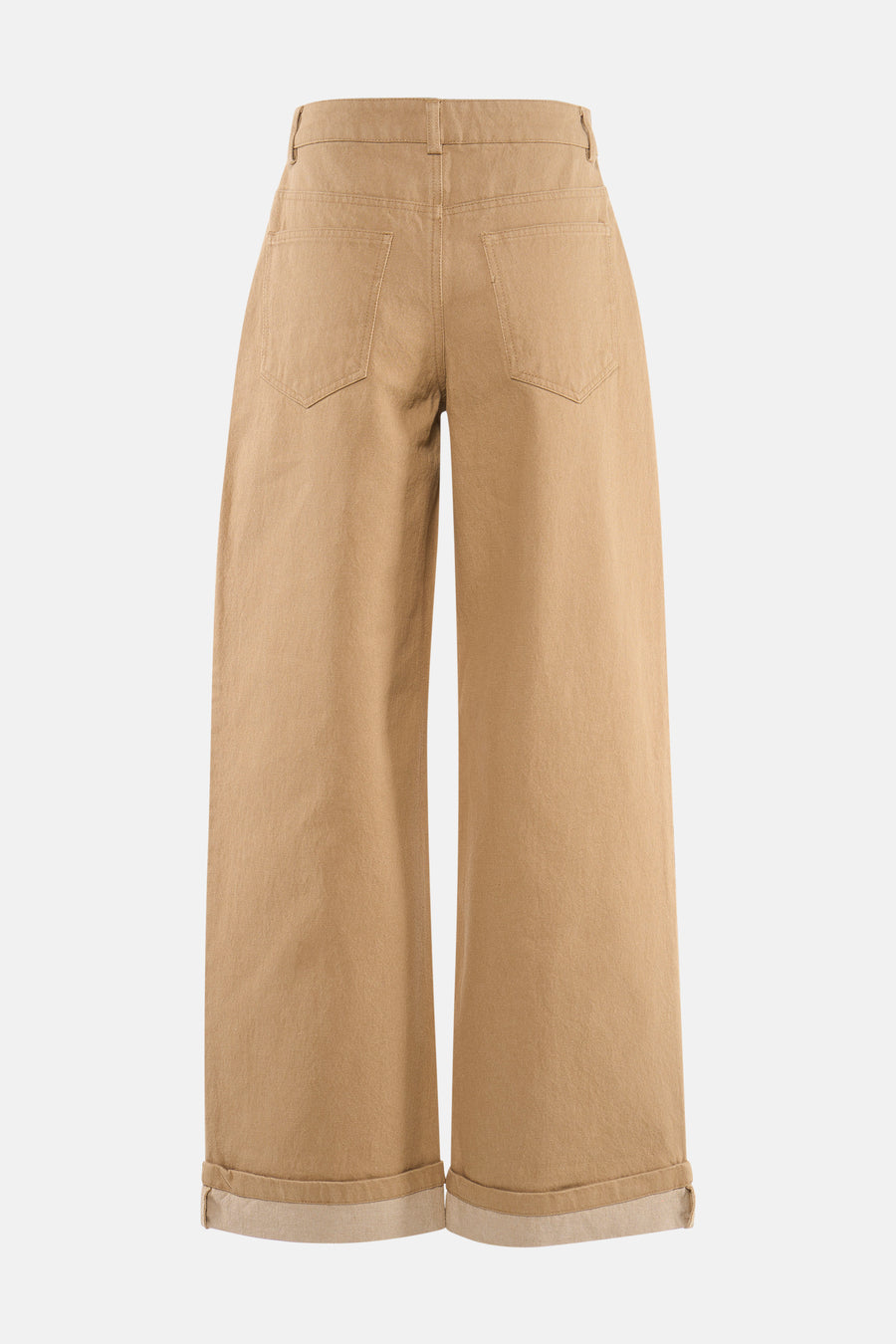 Beige gekleurde jeans van VILA, gezien van achteren, met wijde pijpen en opgerolde zoom.