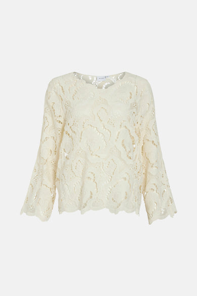 Blouse écru à longues manches de VILA, avec des détails bordés et un motif floral.