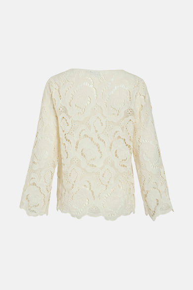 Blouse écru à longues manches de VILA®, avec un motif de rose sur les bords et une ene sculptée.