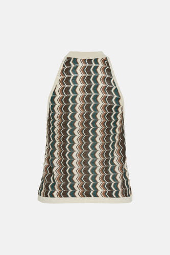 Débardeur marron de Vila, avec un motif zigzag en marron, beige et vert.