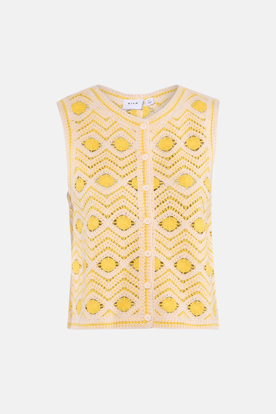 Gele gebreide gilet met geometrisch patroon en witte knopen van VILA®