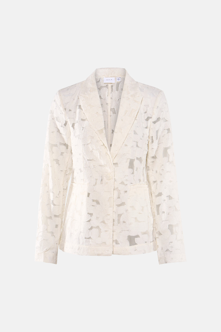 Witte blazer met bloemenkant van VILA, front view, elegante pasvorm met knoopsluiting