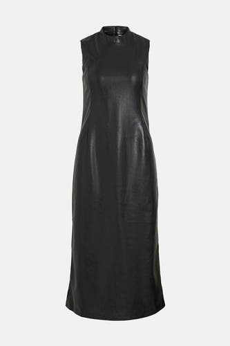 Robe sans manches noire de VILA, avec un col haut et une texture lisse en cuir.