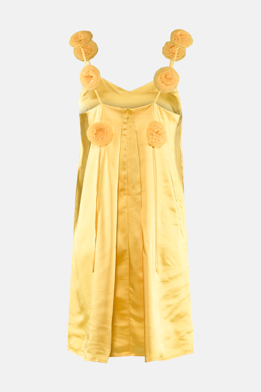 Robe sans manches jaune de VILA® avec un éclat satiné, des fleurs décoratives sur les bretelles et le long des côtés, avec une fermeture éclair au dos.