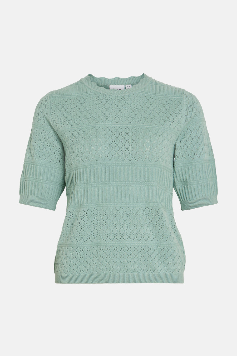 Pull vert avec col rond de VILA, avec un motif à carreaux ajouré et des détails côtelés.